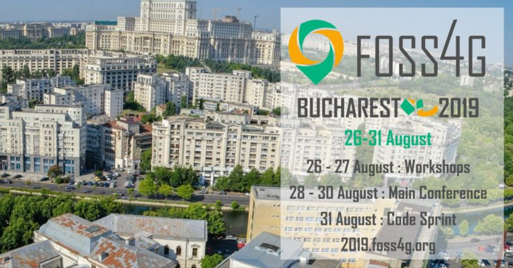 FOSS4G logo med staden Bukarest i bakgrunden