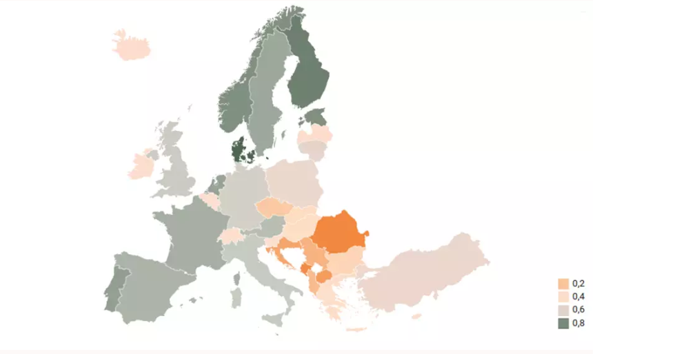 Karta över de europeiska ländernas poäng i jämförelser av den digitala förvaltningen